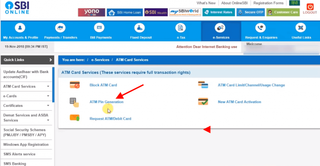 atm pin generation sbi online